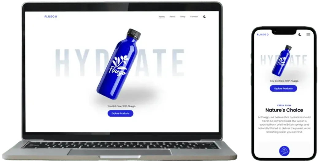 Fluego product website displayed on laptop and mobile